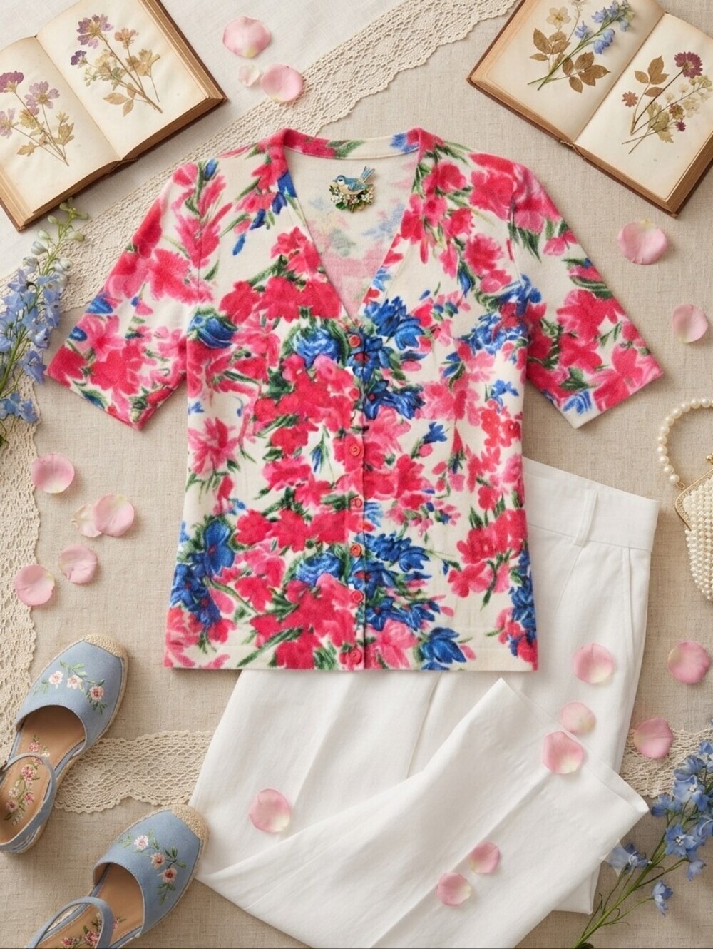 Talbots Pink White Floral Short Sleeve Button Front Cardigan